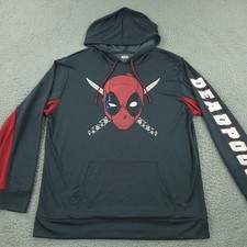 Marvel Deadpool Hoodie Mens XL Gray Pullover Graphic Long Sleeve Kangaroo Pocket