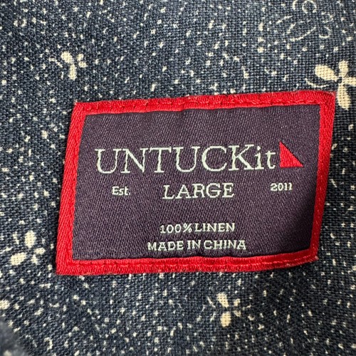 UNTUCKit Men's Large Navy Blue 100% Linen Butterfly Graphic Button Up Shirt - Picture 5 of 9
