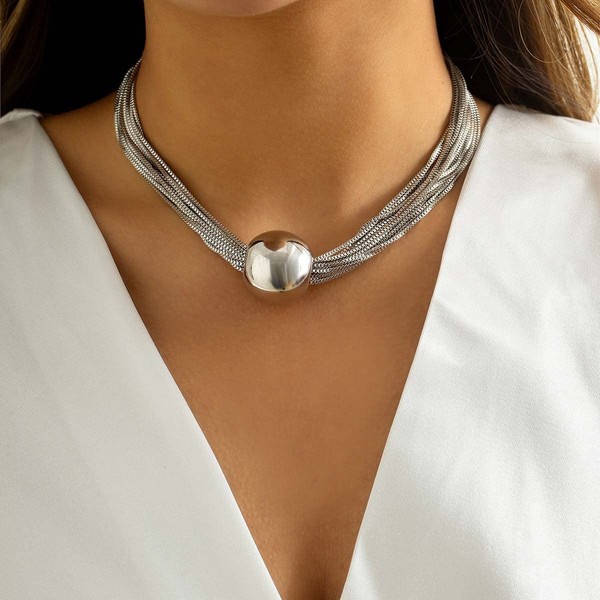 Halskette ArmbäNder Geometrische Kugel Choker Mehrschichtige Kette Silber-image