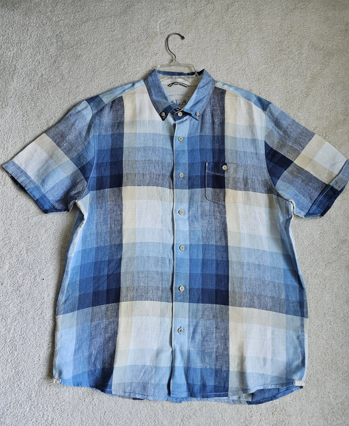 Tommy Bahama men L Linen Relax Island Modern Fit Shirt Plaid Button Short Sleeve