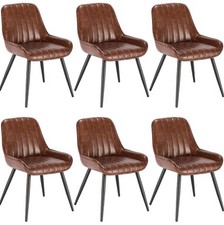 Image of Set of 6 Brown Leather Dining Chairs, Cushioned Seats, Metal Legs,