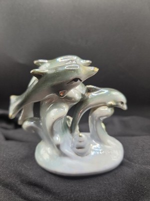 Dolphin Trio Figurine, Iridecent, Gold, Blue Vintage 