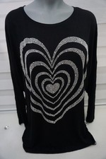 Damen Langarm Shirt Tunika Gr. 44-46-48 Schwarz Herz  Strass Glitzer Viskose  