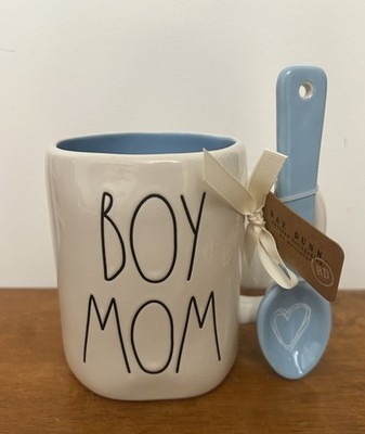 Rae Dunn BOY MOM Coffee Mug 18 Oz Ceramic, With Spoon Mom Gift