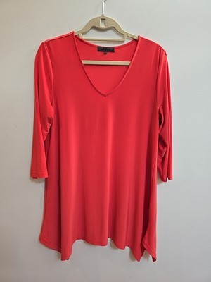 Alisha D Women's Medium Tunic Blouse V Neck Handkerchief Hem Orange Slinky