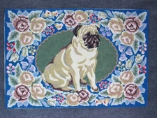Vintage 90s Pug Dog Hooked Throw Rug Blue Green Floral Flower Wool 24" x 36"