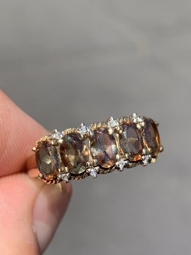 9ct Gold Diamond Citrine Ring, 5 Stone Citrine 9K 375 Heavy 3.6g - Picture 2 of 7