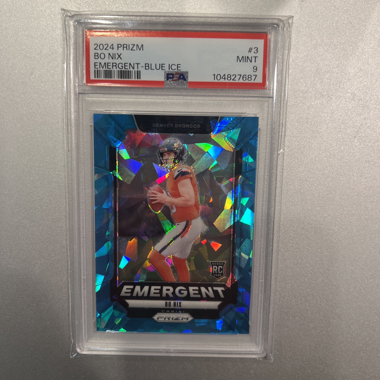 2024 Panini Prizm #3 Bo Nix Emergent Blue Ice #d /99 RC Rookie - PSA 9 MINT