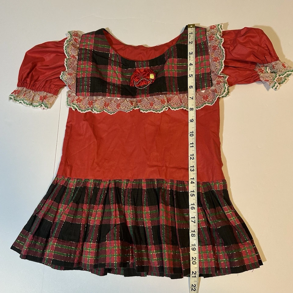 Vestido De Colección Años 80 90 Hecho a Mano Navidad A Cuadros Talla S Cintura Caída Encaje Borde Manga Abullonada Foto 4 de 4