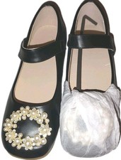 Girls Size 3 Youth, Black Dress Shoes New In With Pearl Accents New In Box 