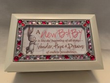 New Baby Girl White and Pink Photo Music Box, plays "You Are My Sunshine"