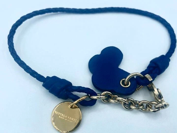 Autentico bracciale Bottega Veneta Farfalla Placcato Oro Medaglia Pelle Blu