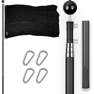 Combo: 16 Ft Telescoping Flagpole Black & USA All Black Flag 3x5 Ft Emb 210D