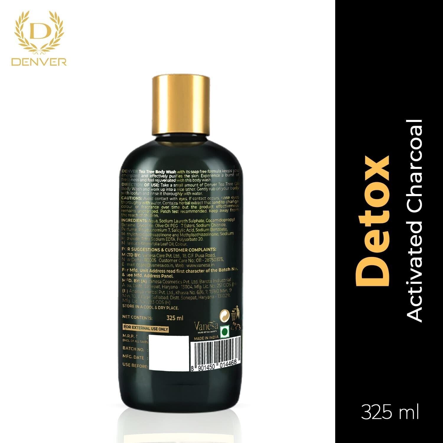 DENVER Detox Activated Charcoal Body Bath Gel For Men 325ML, (Pack of