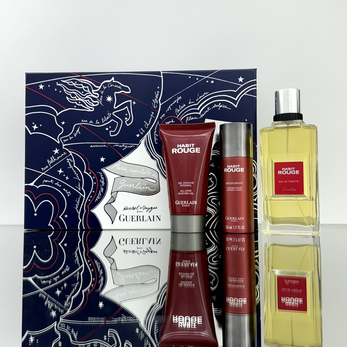 HABIT ROUGE by GUERLAIN 3pc Set Men 3.3oz EDT Spr +75ml S/Gel +