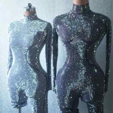 Women Sparkling Rhinestones Long Sleeve Jumpsuit Stage Performance Costume