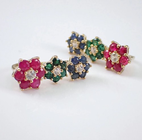 2CT Natural Multicolor Flower Ear Climbers Earring 14K Yellow Gold Plated - Picture 4 of 5