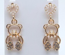E001 CUTE BEAR SHAPE GOLD PIERCED RHINESTONE PEARL JEWELRY DANGLE/DROP EARRING