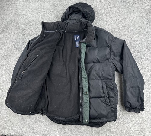Vintage GAP Y2K 90s Mens M Black Down Winter Jacket Green Trim Stowaway Hood EUC - Picture 10 of 24