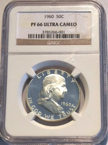 1960 50C NGC PF 66 Ultra CAMEO PROOF Franklin Half Dollar, GEM+ Silver Type Coin