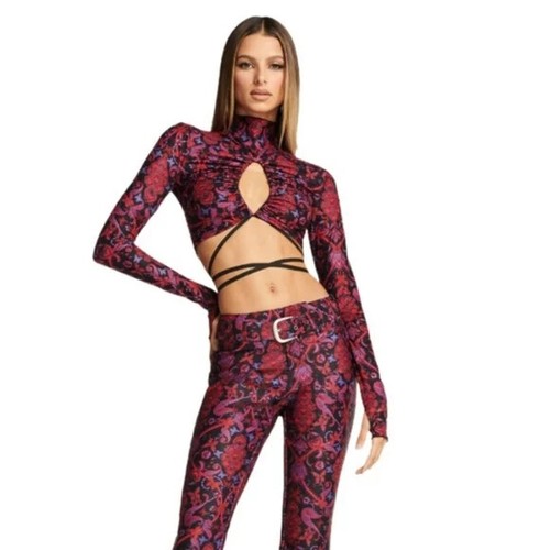I Am Gia Afia Black Paisley long sleeve Tie Up Crop Top size Small | eBay