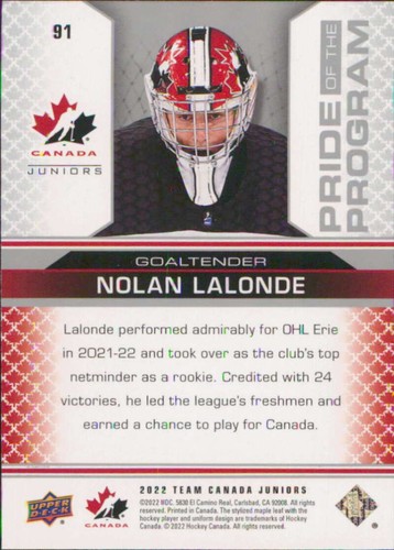 2022 Upper Deck Team Canada Juniors #91 Nolan Lalonde Team Canada - Picture 2 of 2