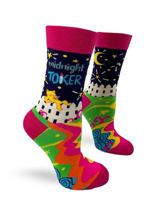 Fabdaz Midnight Toker Fun Women's Novelty Crew Socks with Smoking 420 Stoner Cat