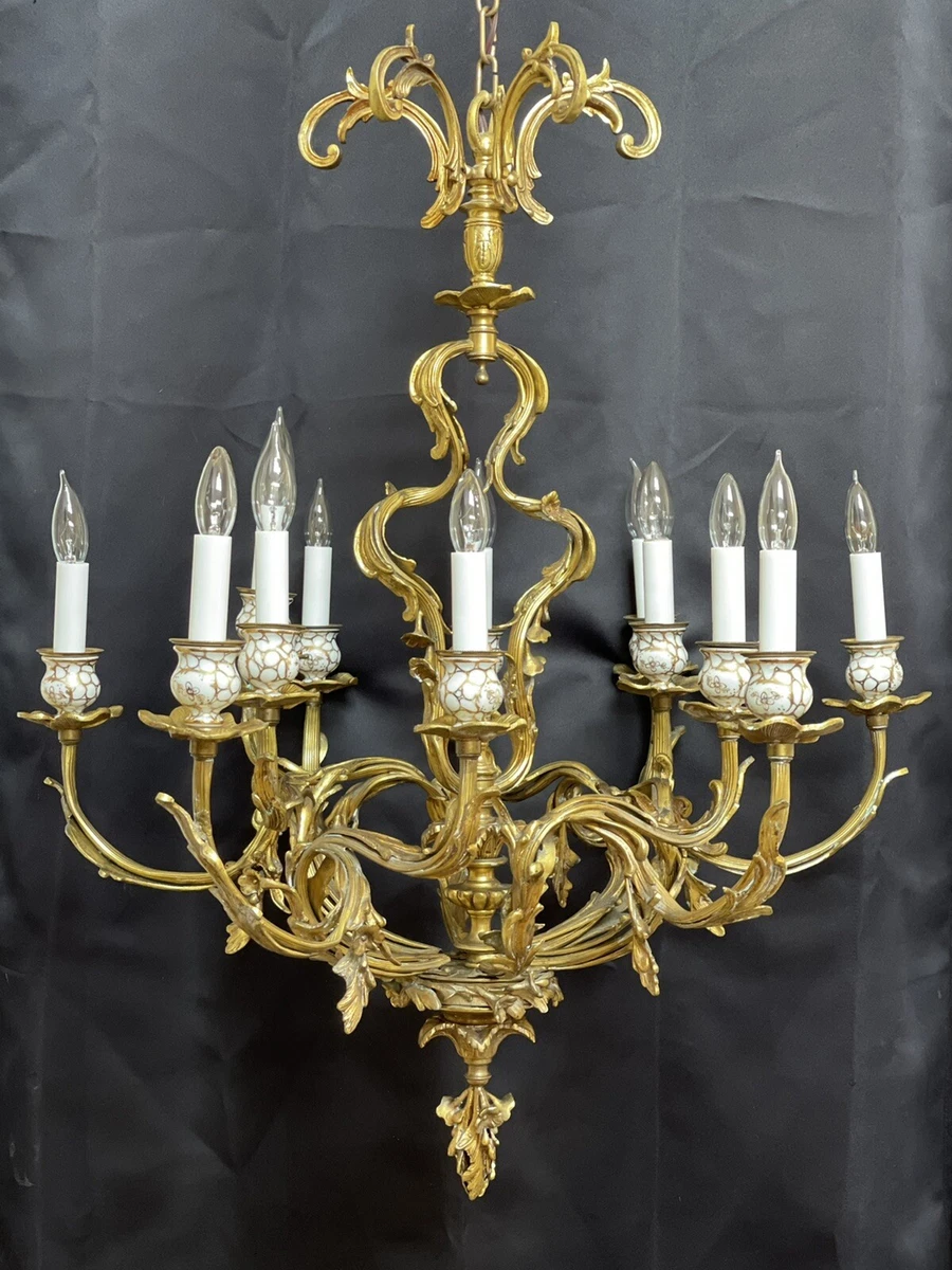 Antique Vintage French Rococo Bronze Brass Porcelain Chandelier No Crystal