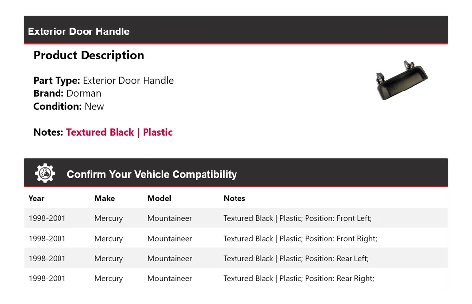 For 1998-2001 Mercury Mountaineer Dorman Exterior Door Handle 1999 2000 - Image 2 of 4
