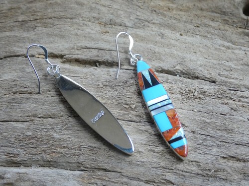 Southwestern Sterling Silver 925 Turquoise Onyx Coral Gemstone Earrings NEW AB44 - Picture 6 of 8