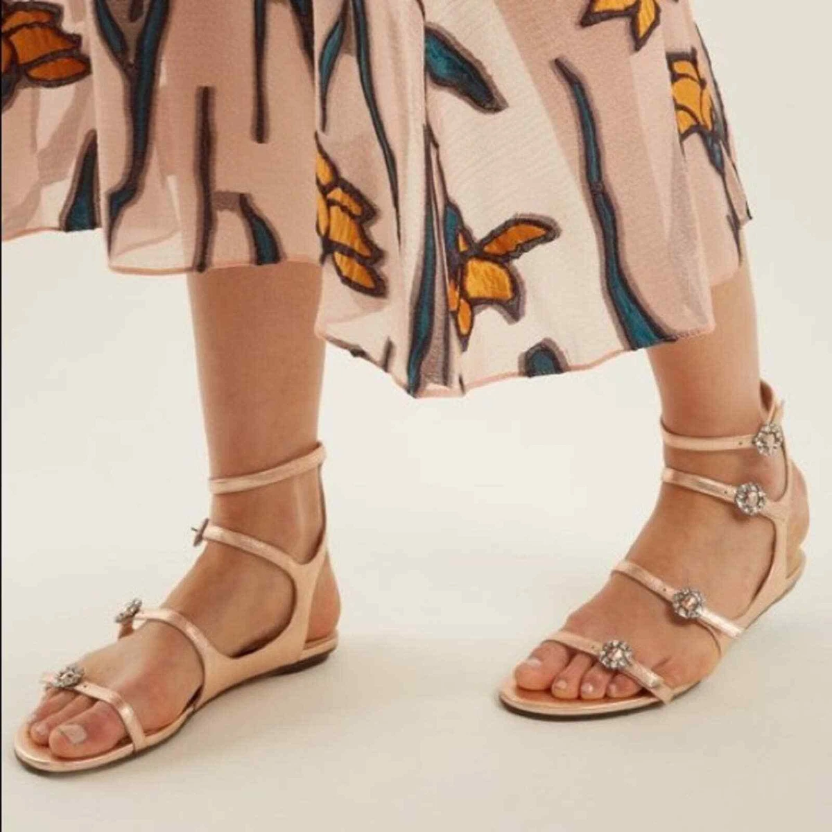 Jimmy Choo Flat Naia Sandal Metallic Rose Crystal