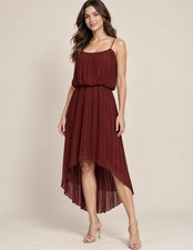 BCBGeneration Dress Womens L Dark Paprika Pleated High Low Blouson NWT
