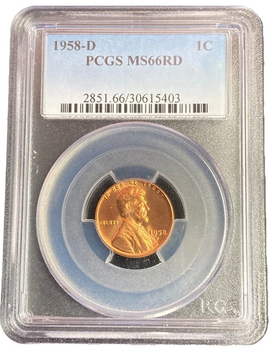 1958-D MS66 Certified PCGS MS66 RD  Lincoln Wheat ear Penny One Cent Coin.