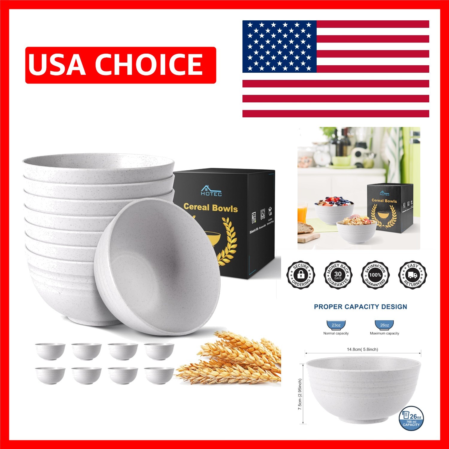 Set of 8 Unbreakable Wheat Straw Cereal Bowls - Microwave & 