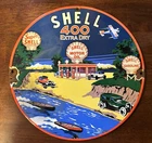 VINTAGE 11 3/4 in SHELL GASOLINE & OIL ADVERTISEMENT SIGN HEAVY METAL PORCELAIN