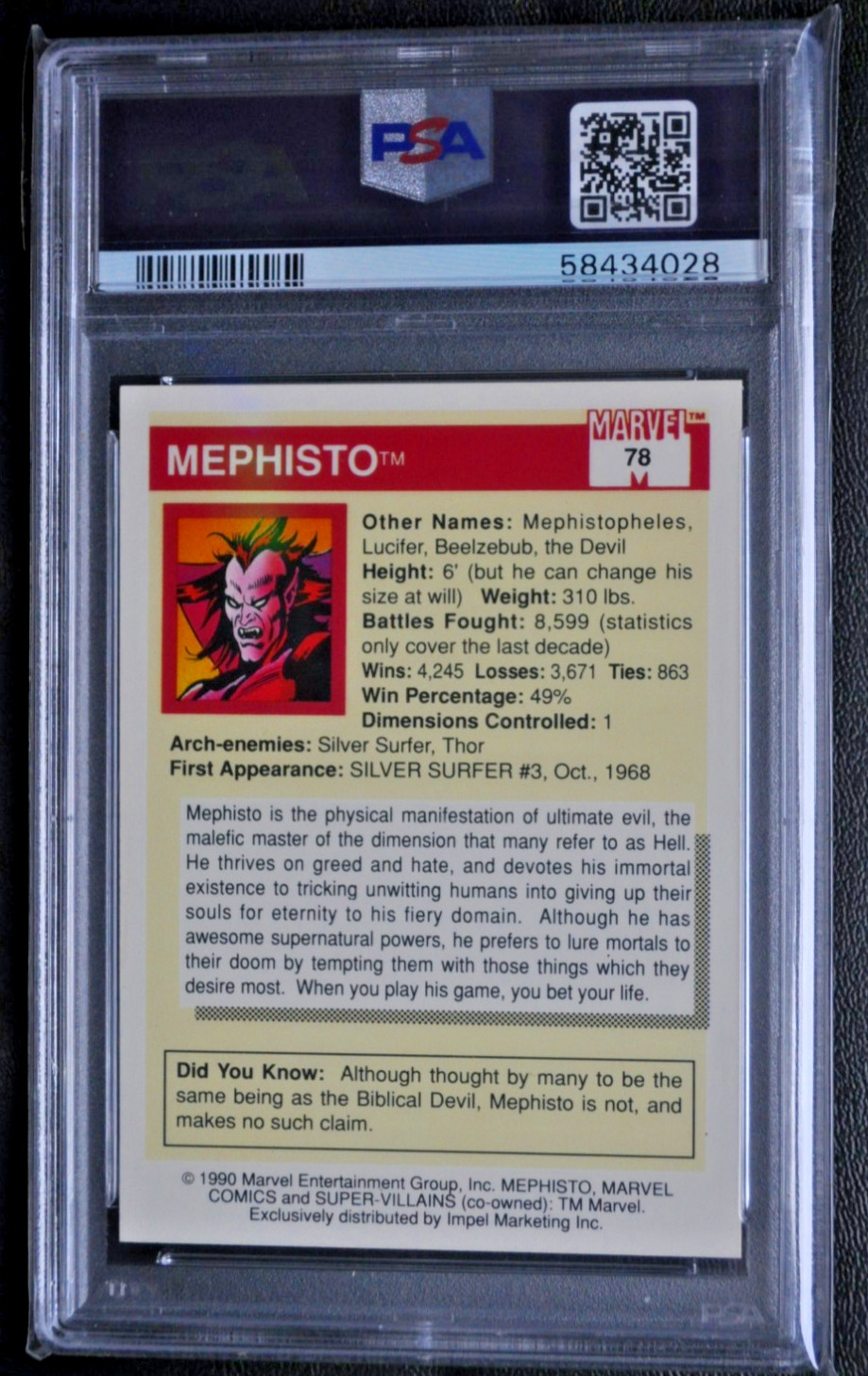 1990 Marvel Universe 1, #78 Mephisto, PSA Graded 10 (Gem Mint ). view 2