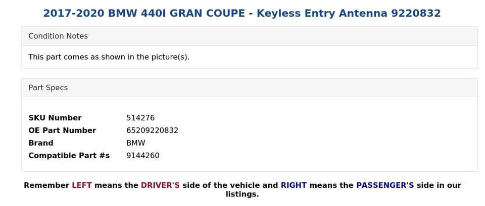 BMW 440I GRAN CUPÉ 2017-2020 - Antena de entrada sin llave 9220832 Foto 4 de 4