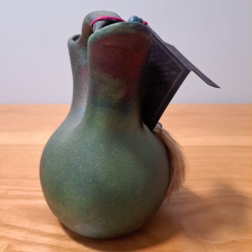 Raku Pottery Wedding Vase 5"x4.5" Turquoise Stone Copper Feathers Jeremy Diller - Picture 8 of 11