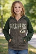 Green Bay Packers Youth Girls Full Zip Hoodie with Metallic Print