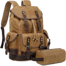 Vintage Leather Canvas Backpack, Waxed Canvas Shoulder Rucksack for Travel Lapto