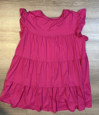 Entro Entro Womens Tiered Puff Sleeve Mini Dress Hot Pink Ruffle V Neck Large | Sz: L | Color: Pink