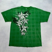 Vintage Y2K T-Shirt Men's Small Green Stars Distressed Grunge Skate Cyber Y2K