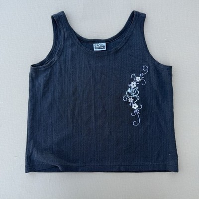 y2k vtg Basic Editions Black Floral Embroidered Ribbed Tank Top Women's size S