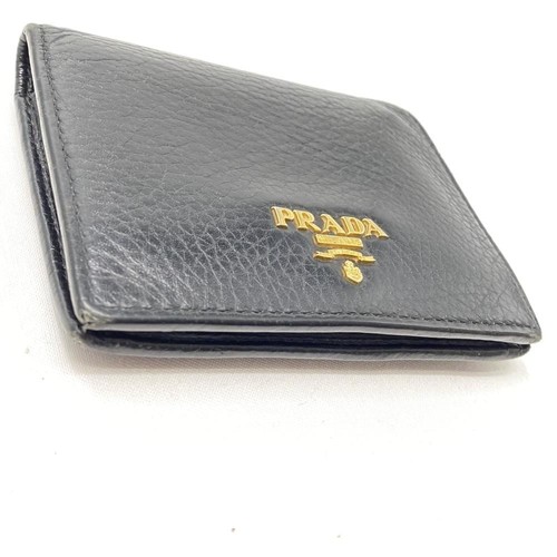 PRADA Wallet Bi-fold Wallet Leather Black Gold Logo W/Box Card Mens Authentic - Picture 3 of 9