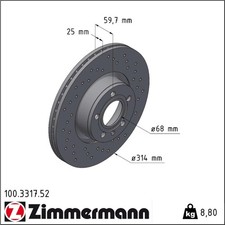 2x Zimmermann 100.3317.52 Bremsscheibe für AUDI A6 C6 4F2 4F5