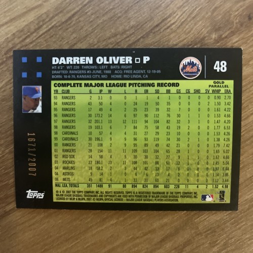 2007 Topps - Darren Oliver #48 Gold /2007 - New York Mets - Picture 2 of 2