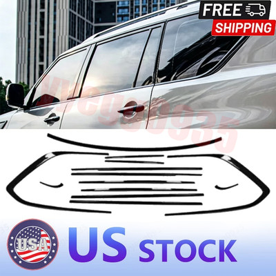 Gloss Black Window Molding Trim Frame Strips For Nissan Armada 2018-2024 13pcs 