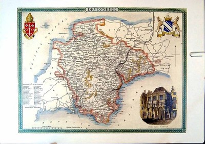 Original Old Vintage Print 1990 Map England County Devonshire Guildhall Exeter