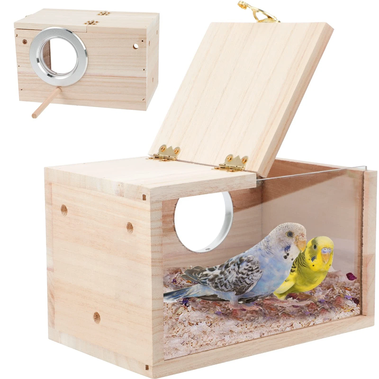 Parakeet Nesting Box: Transparent Wood Bird House for Cage, Parrot, Budgie