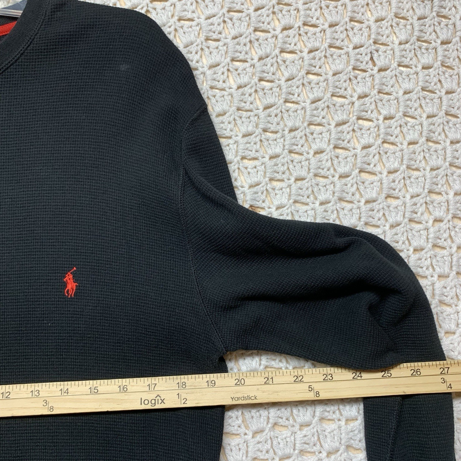 Polo Ralph Lauren camicia termica uomo L nero rosso pony girocollo waffle cotone